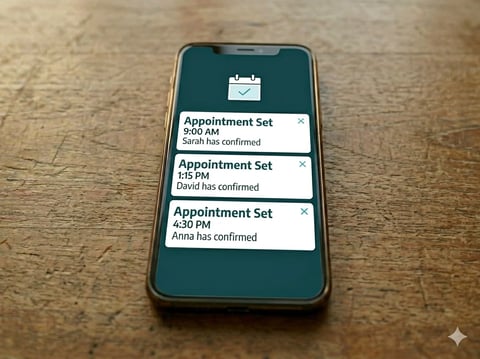 Smartphone displaying calendar app with three appointment notifications showing confirmed appointments at 9:00 AM, 1:15 PM, and 4:30 PM