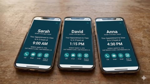 Three smartphones displaying appointment reminders for Sarah at 9:00 AM, David at 1:15 PM, and Anna at 4:30 PM