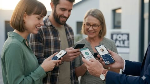 Group of four people holding mobile phones and payment terminals outdoors during a contactless payment demonstration
