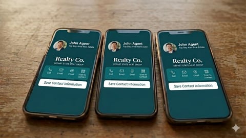 Three smartphones displaying digital business contact cards for John Agert at Realty Co with profile photo and contact information on teal background