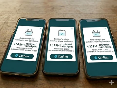 Three smartphones displaying appointment confirmation messages with times 9:00 AM, 1:15 PM, and 4:30 PM, each with a teal Confirm button