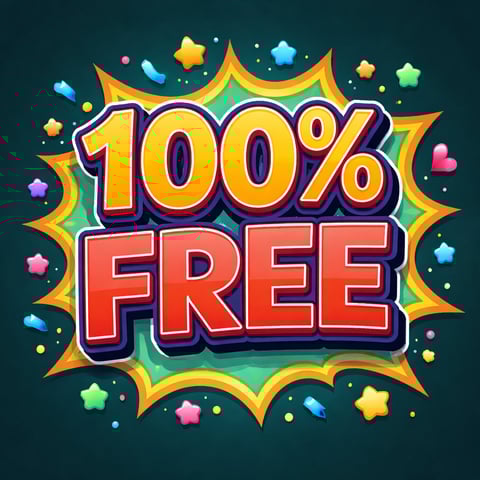 Colorful 100% FREE text in yellow and red with comic-style burst background and scattered stars on dark teal